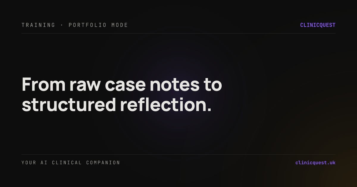ClinicQuest Portfolio Mode preview with capability mapping and reflection tools